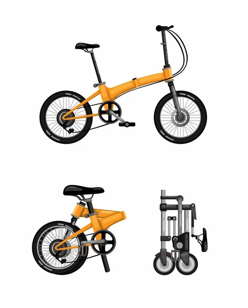 可折叠自行车 可折叠自行车图标集概念在卡通现实的白色背景图解矢量中的应用 — 图库矢量图片