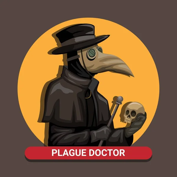Black Death Plague Doctor Wear Bird Mask Costume Holding Skull — Stock Vector