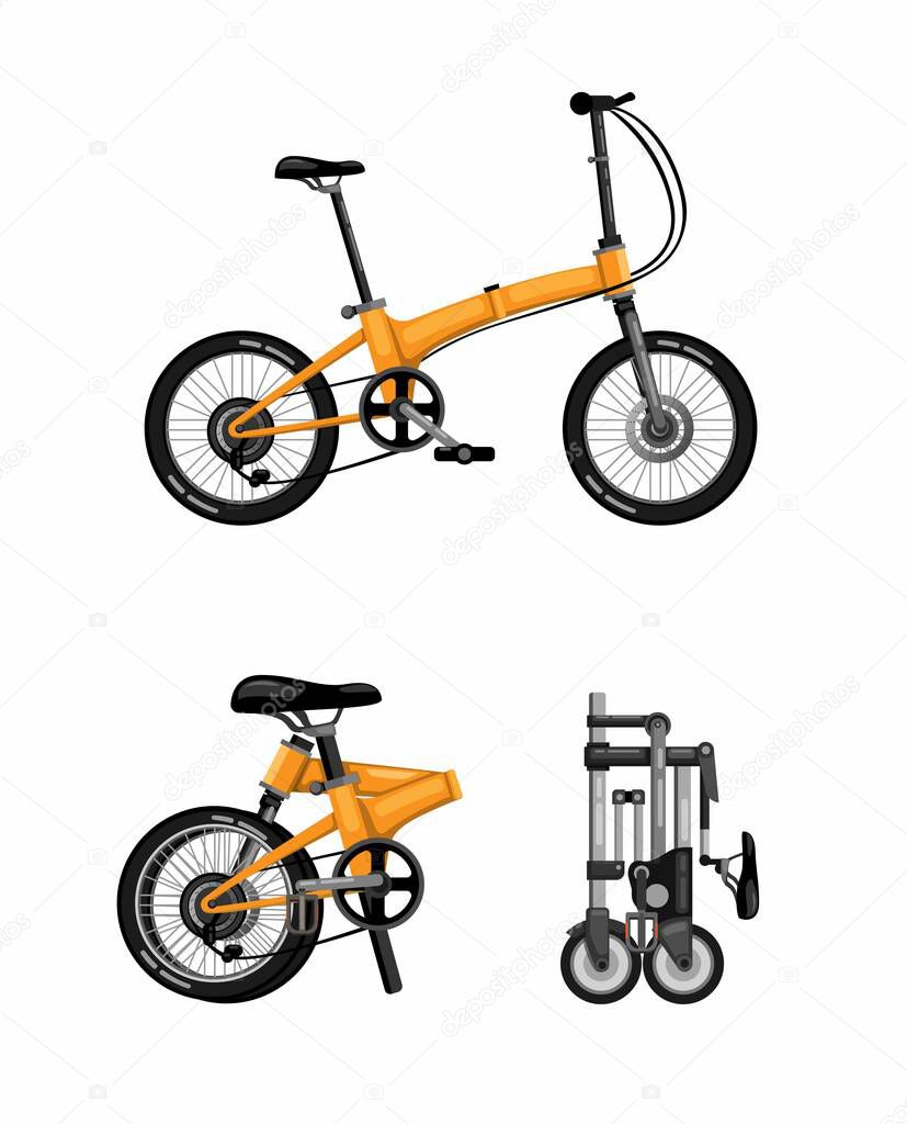 Folding bike, foldable bicycle symbol icon set concept in cartoon realistic illustration vector on white background