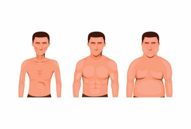 Erkek vücudu. zayıf, şişman ve kaslı. Çizgi film illüstrasyon vektöründe beslenme sağlık sembolü konsepti