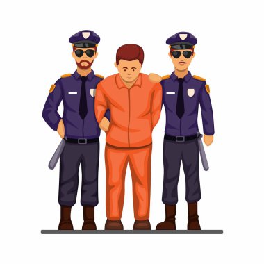 Polis, beyaz arkaplanda çizgi film illüstrasyon vektörü kavramından suçlu adamı kelepçeledi