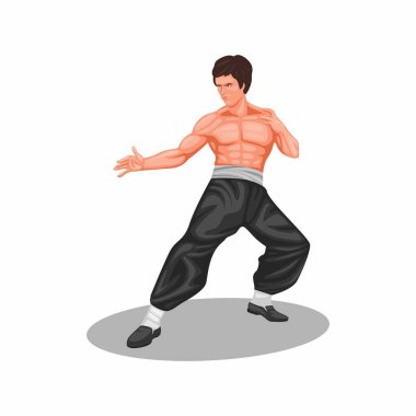 Çizgi film illüstrasyon vektöründe Bruce Lee dövüş sanatları efsanesi figürü 