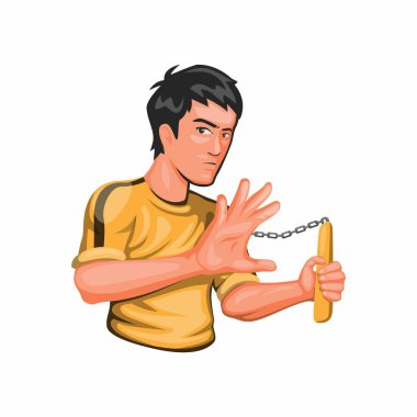 Bruce Lee 'nin elinde mınçıka jeet kune do kungfu dövüş sanatları dövüş sanatları karakteri konsepti çizgi film illüstrasyon vektörü