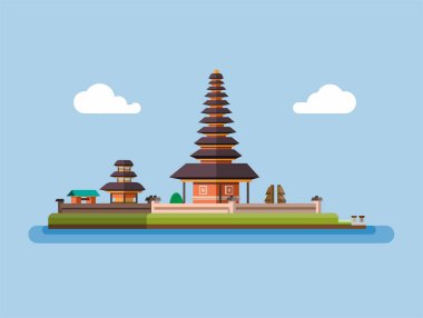 Ulun Danu Bratan Tapınağı Bedugul Bali Endonezya illüstrasyon kavramından ünlü düz çizim vektörü
