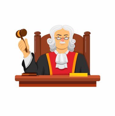Yargıç Law karakteri beyaz arka planda izole edilmiş karikatür illüstrasyon vektöründe tokmak kavramı ile masada oturuyor.