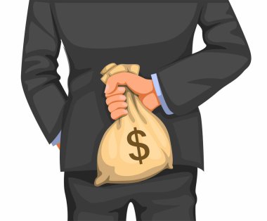 Businessman hold money bag in back. business finance and corruption metaphor concept in cartoon illustration vector on white background clipart
