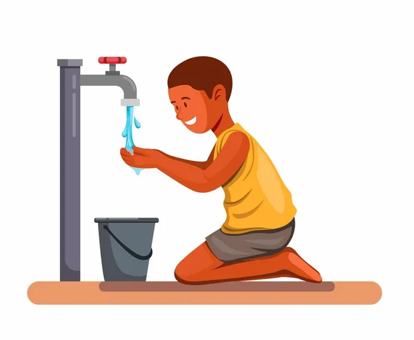 Afrikanska Pojken Dricker Gärna Vatten Hjälpa Barn Från Vatten Kris — Stock vektor