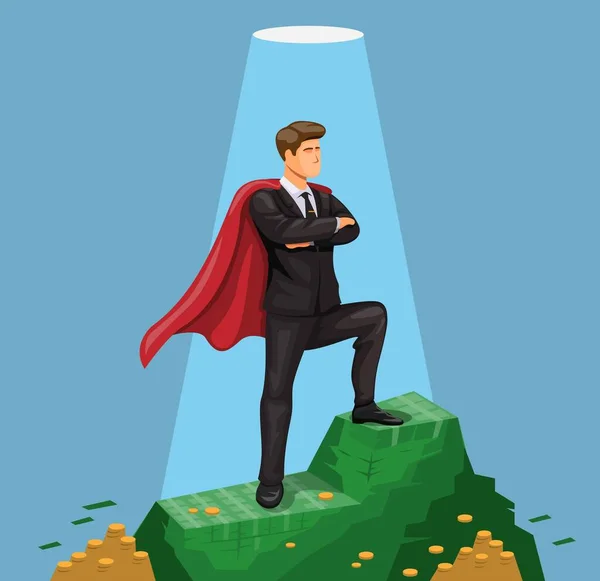 Άνθρωπος Ακρωτήριο Στέκεται Χρήματα Βουνό Σύμβολο Της Επιτυχίας Έννοια Επιχειρηματίας — Διανυσματικό Αρχείο