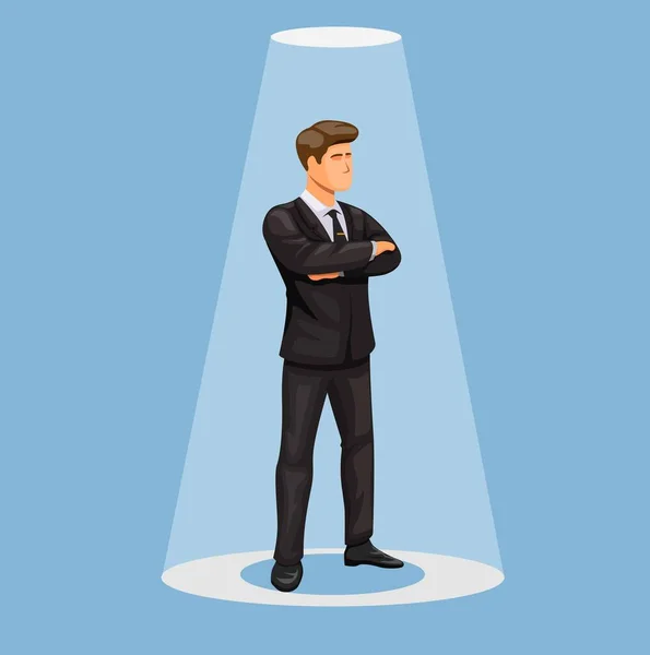 スポットライトの下に立っているタキシードの男 プロのビジネスマンのキャラクターコンセプトイラストベクトル — ストックベクタ