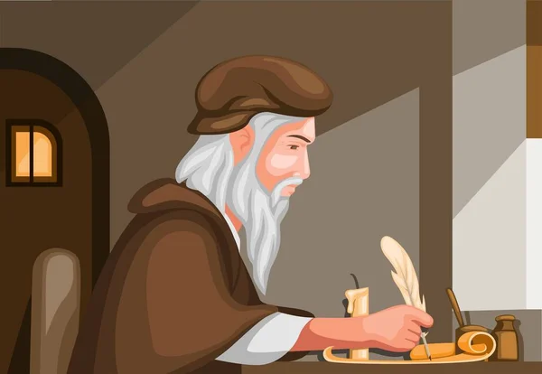 Viejo Hombre Escribiendo Con Pluma Pluma Papel Pergamino Biografía Historia — Vector de stock