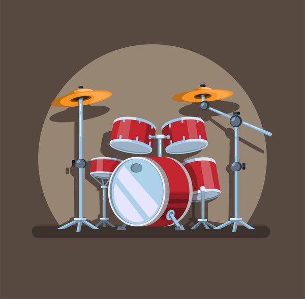 Drum set in spotlight, music instrument symbol concept in cartoon illustration vector