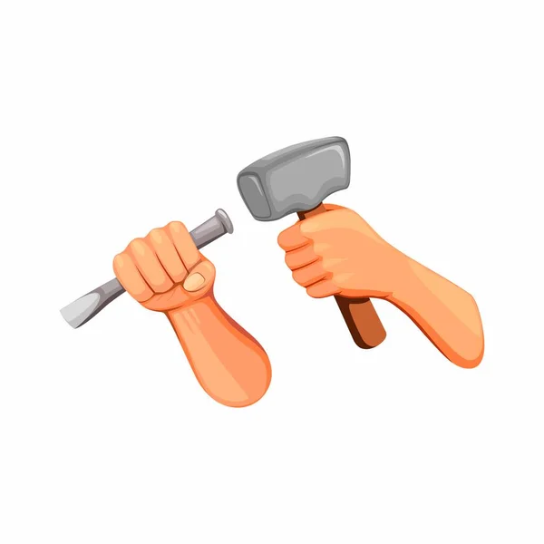 Hand Holding Hammer Chisel Concept Cartoon Illustration Vector Isolated White — Stock Vector