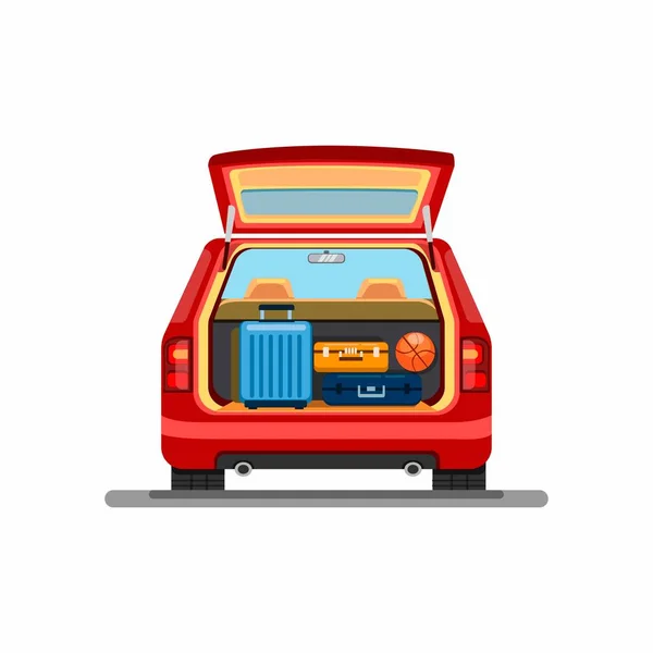 トランクカーのスーツケースの荷物 休日に乗る車のシンボルで漫画イラストベクトル白の背景 — ストックベクタ