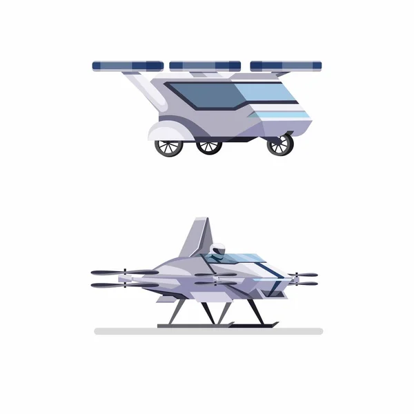 Drone Coche Volador Futurista Con Concepto Pasajero Vector Plano Ilustración — Vector de stock