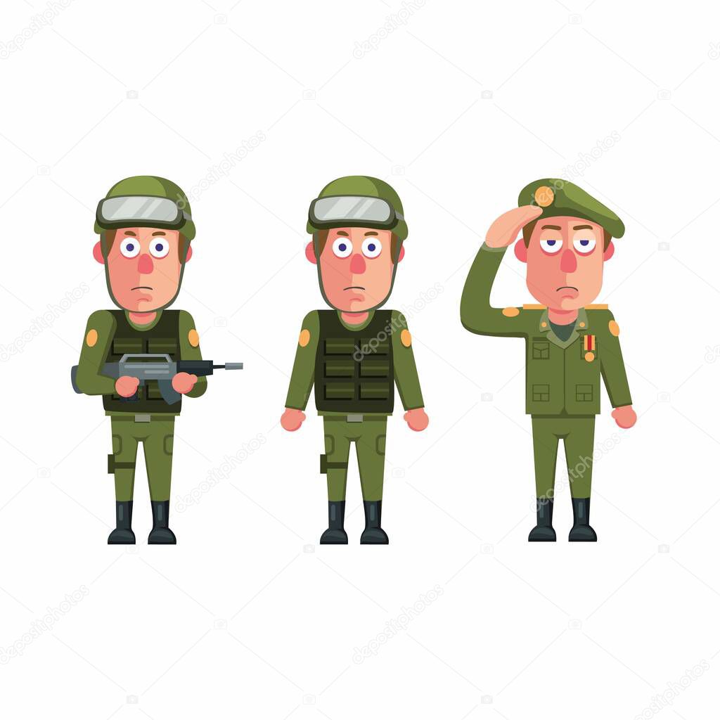 Soldier army man uniform character icon set concept in cartoon illustration vector isolated in white background