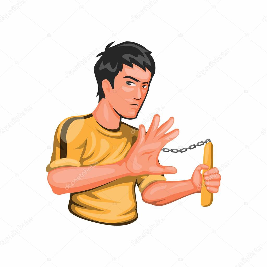 Bruce lee holding nunchaku jeet kune do kungfu martial art fighter character concept in cartoon illustration vector
