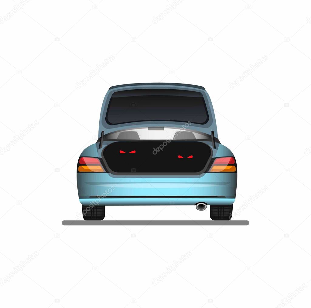 eyes on open trunk car symbol for people across border illegal activity or rat pest on vehicle concept in cartoon illustration vector on white background
