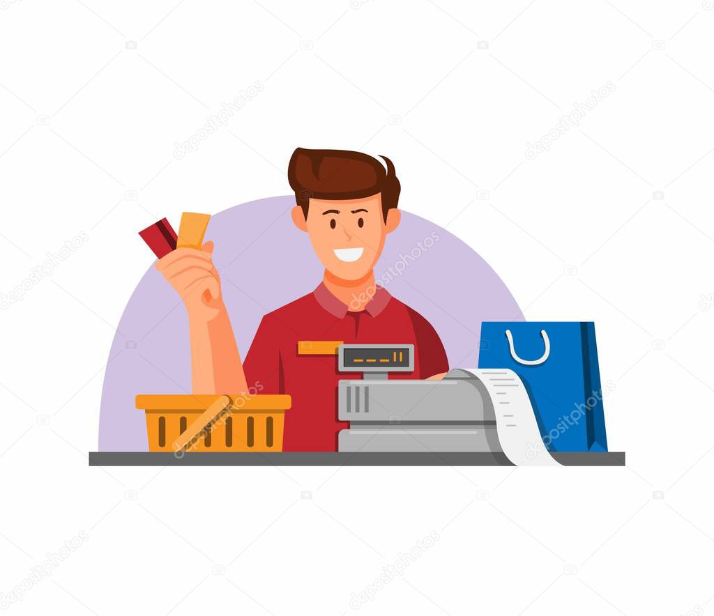 Cashier worker with coupon credit card for payment symbol concept in cartoon illustration vector