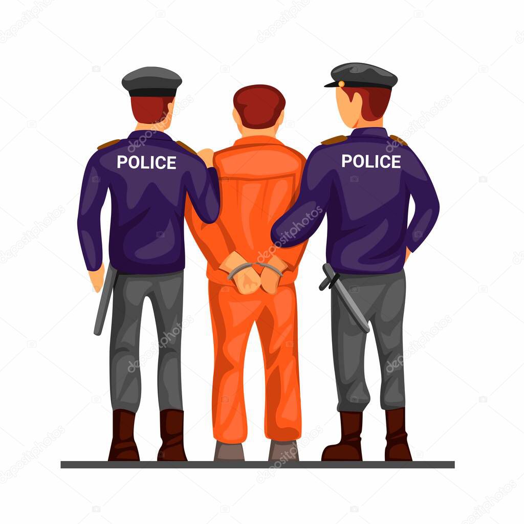 Police leading criminal prisoner in handcuff from back view concept in cartoon illustration vector isolated in white background