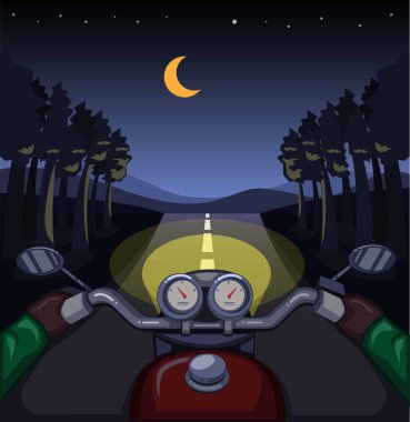 Orman gecesinde motosiklet sürmek, Çizgi film illüstrasyon vektöründeki gösterge paneli konsepti