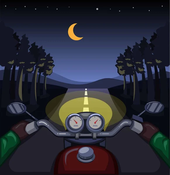 Riding Motorcycle Forest Night Rider View Dashboard Scene Concept Cartoon — Stock Vector