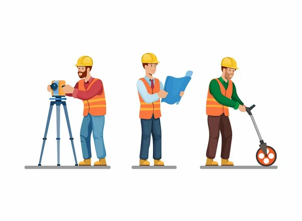 建設労働者のアイコンは 建築家を設定し 測量と保持青写真のポーズ活動シンボルの概念漫画イラストベクトル — ストックベクタ