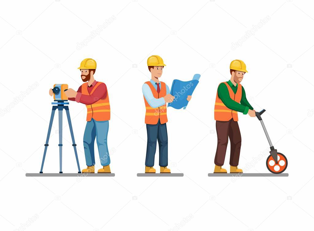 Construction worker icon set architect and enginering surveying and holding blueprint pose activity symbol concept in cartoon illustration vector
