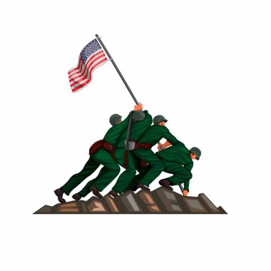 Iwo jiwa savaşında Amerikan askeri bayrağı göndere çekiliyor. 26 Mart 1945 Beyaz arka planda izole edilmiş karikatür illüyle vatanseverlik sembolü.