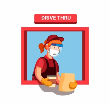 Fast food işçisi kız yüz maskesi takıyor ve eldiven bir müşteri siparişini vitrinden veriyor. Çizgi film illüstrasyon vektöründe yeni normal aktivite kavramı.
