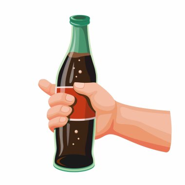 El ele tutuşan meşrubat, cam şişe içinde soda içen beyaz arka planda gerçekçi illüstrasyon vektörü