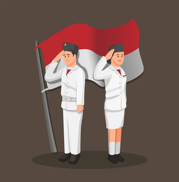 パスキブラカ Paskibraka 独立記念日の儀式におけるインドネシア国旗の掲揚と掲揚のための青年組織である 白地に隔離された漫画イラストベクトルで統一されたコンセプトで — ストックベクタ