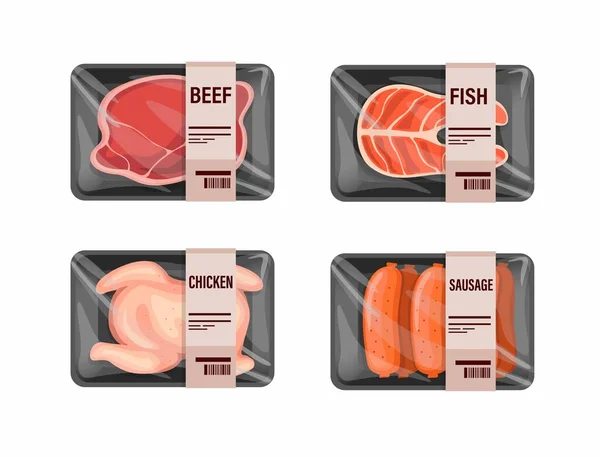 生肉在塑料容器包装图标集中的变异 卡通画向量中的鸡肉 金枪鱼 牛肉和香肠在食品市场商店的概念 — 图库矢量图片