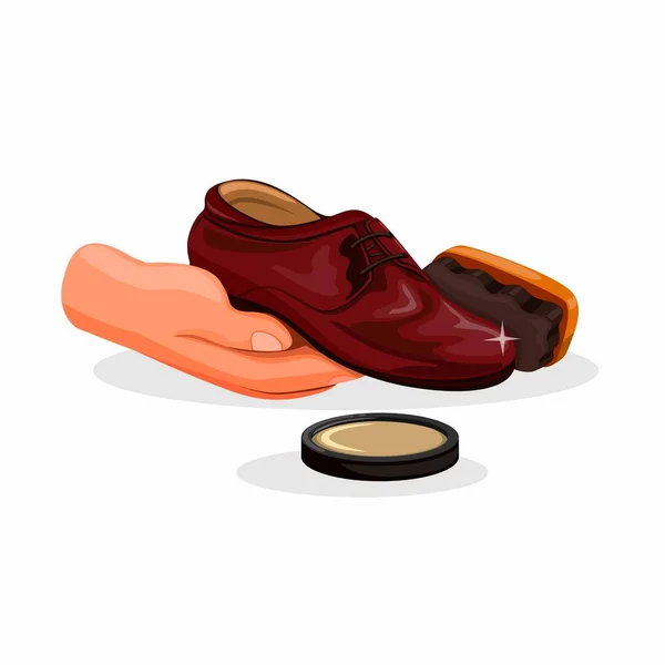Shoe Cleaning Hand Holding Shoe Brush Polish Gel Symbol Cartoon — Stock Vector