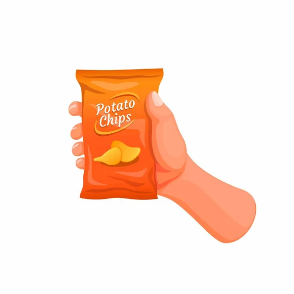 Mão Segurando Batata Chips Snack Pack Desenho Animado Ilustração Vetor — Vetor de Stock