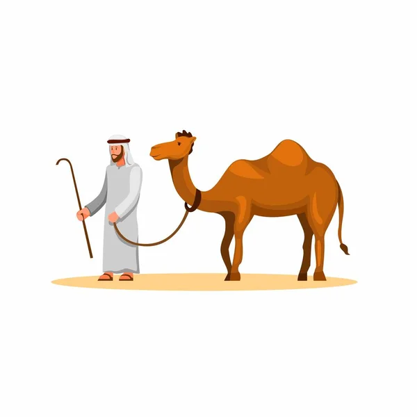 Homme Arabe Promenade Avec Chameau Dessert Animal Compagnie Asie Est — Image vectorielle