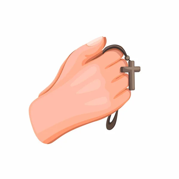 手は十字記号を持つバラ色のビーズを保持し 宗教的な人々は白い背景に隔離された漫画イラストベクトルで祈って — ストックベクタ