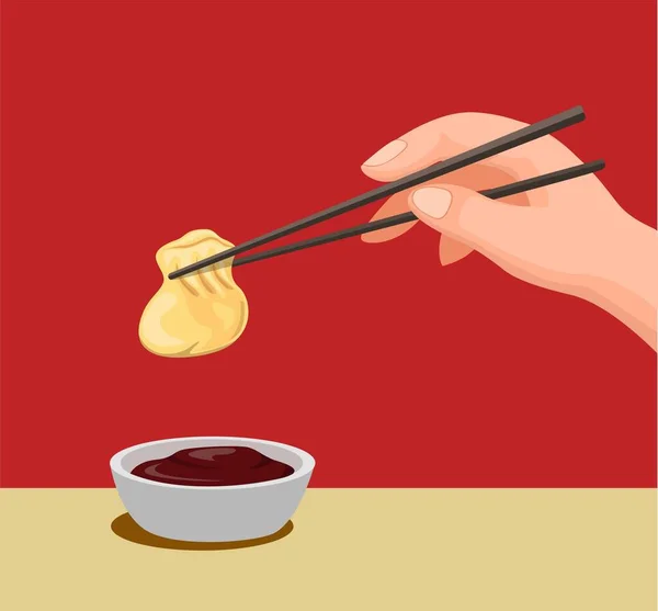 Hand Dumpling Chopstick Sauce Traditional Chinese Food Symbol Cartoon Illustration — Stock Vector