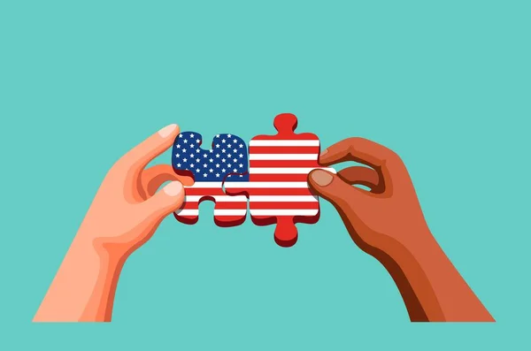 Two People Hand Gospodarstwa Łączenia Puzzle American Flag Symbol Dla — Wektor stockowy