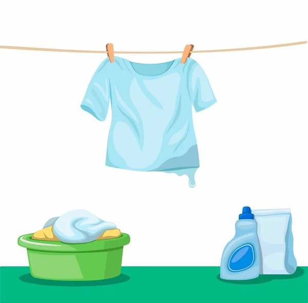Drogen Natte Tshirt Hangend Waslijn Met Kleding Emmer Reiniging Wasmiddel — Stockvector