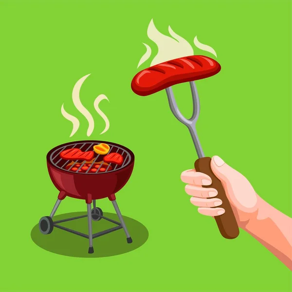 Bbq Party Steak Meat Grill Hand Holding Fork Sausage Symbol — Stockový vektor