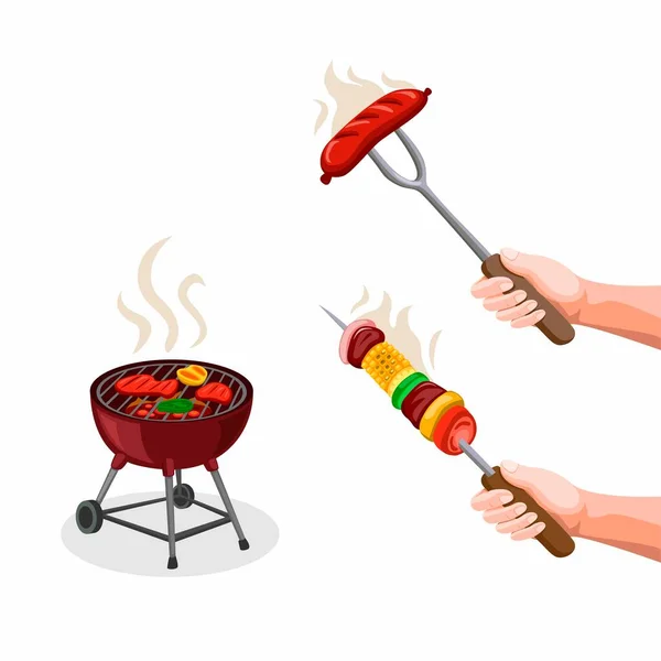 Bbq Party Steak Kaboob Con Verduras Comida Parrilla Colección Iconos — Vector de stock