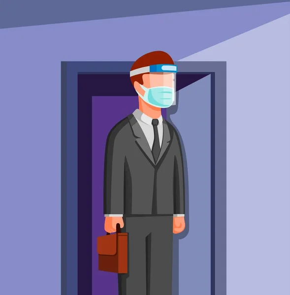 Man Door Work Wear Face Shield Mask People Office Worker — Stockový vektor