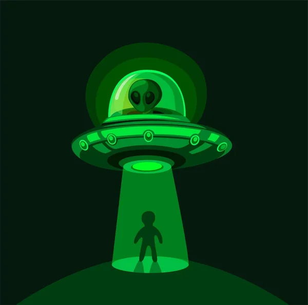Alien Invasion Earth Flying Ufo Abduction Light Beam Night Scene — Stock Vector