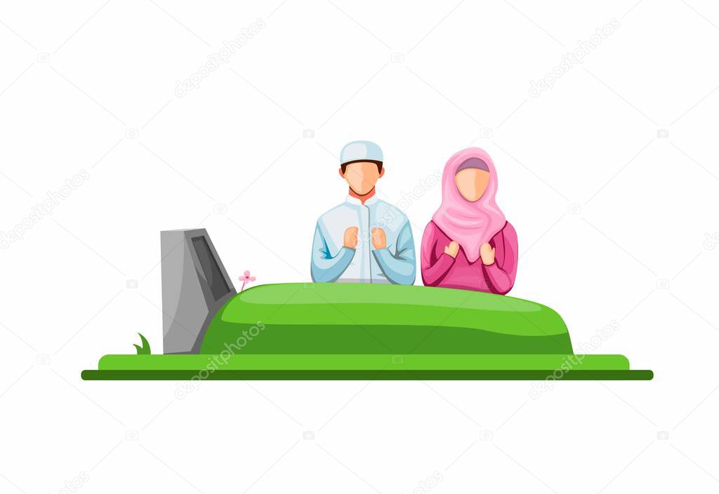 muslim visit and praying in front tomb at cemetry. islam ritual in grave concept in cartoon illustration vector