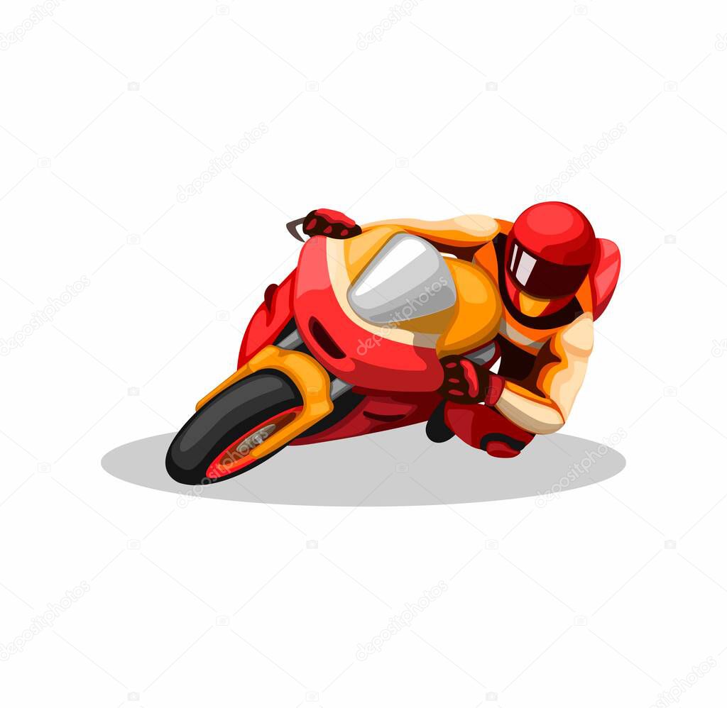motorsport rider cornering in circuit racing competition in cartoon illustration vector on white background