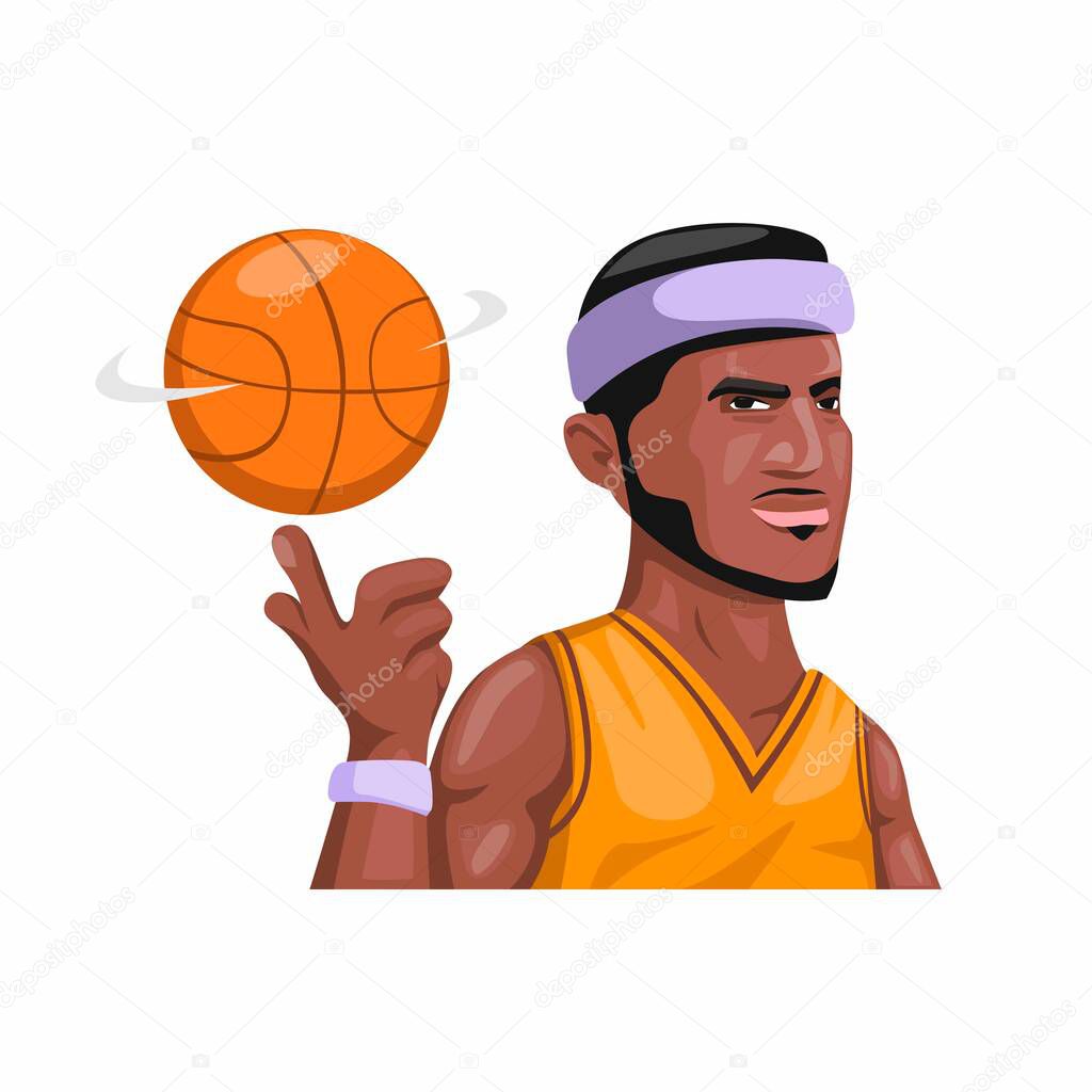 Basketball player spining ball in hand, dark skin man professional athlete sport character mascot in cartoon illustration vector on white background