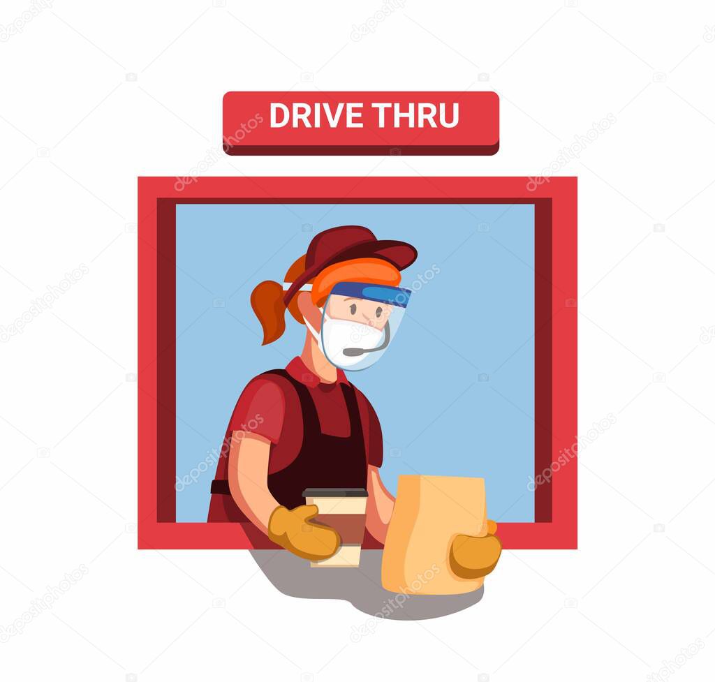 Fastfood worker girl wear face shield mask and glove gives a customer order at a drive thru window, new normal activity concept in cartoon illustration vector