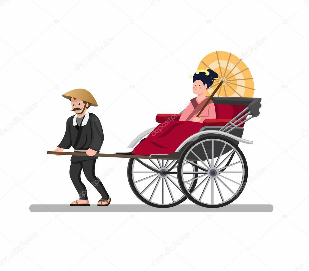 Jinrikisha Traditional Taxi Transportation from Japan, Vintage powered human Carrying Passenger Wear Kimono or Tourist in Cartoon Flat illustration Vector isolated in White Background