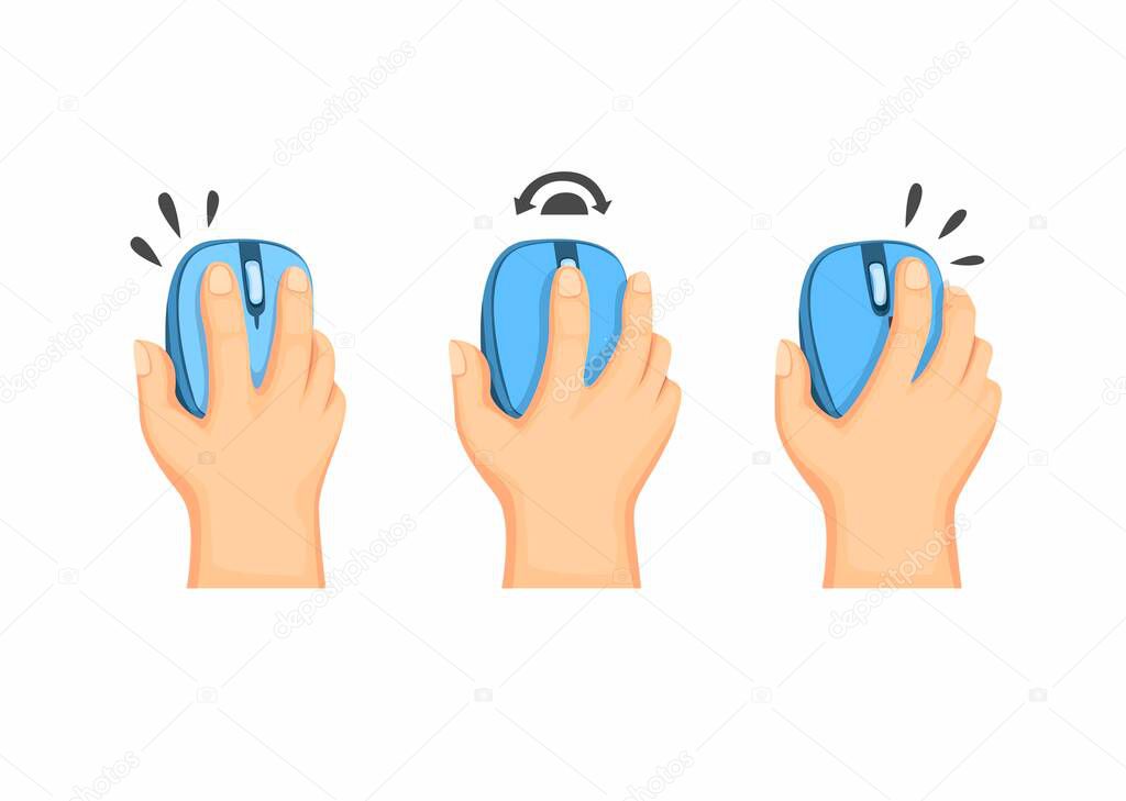 Hand holding Computer Mouse, Wireless Mouse Guide Instruction Symbol in Cartoon Illustration Vector on White Background