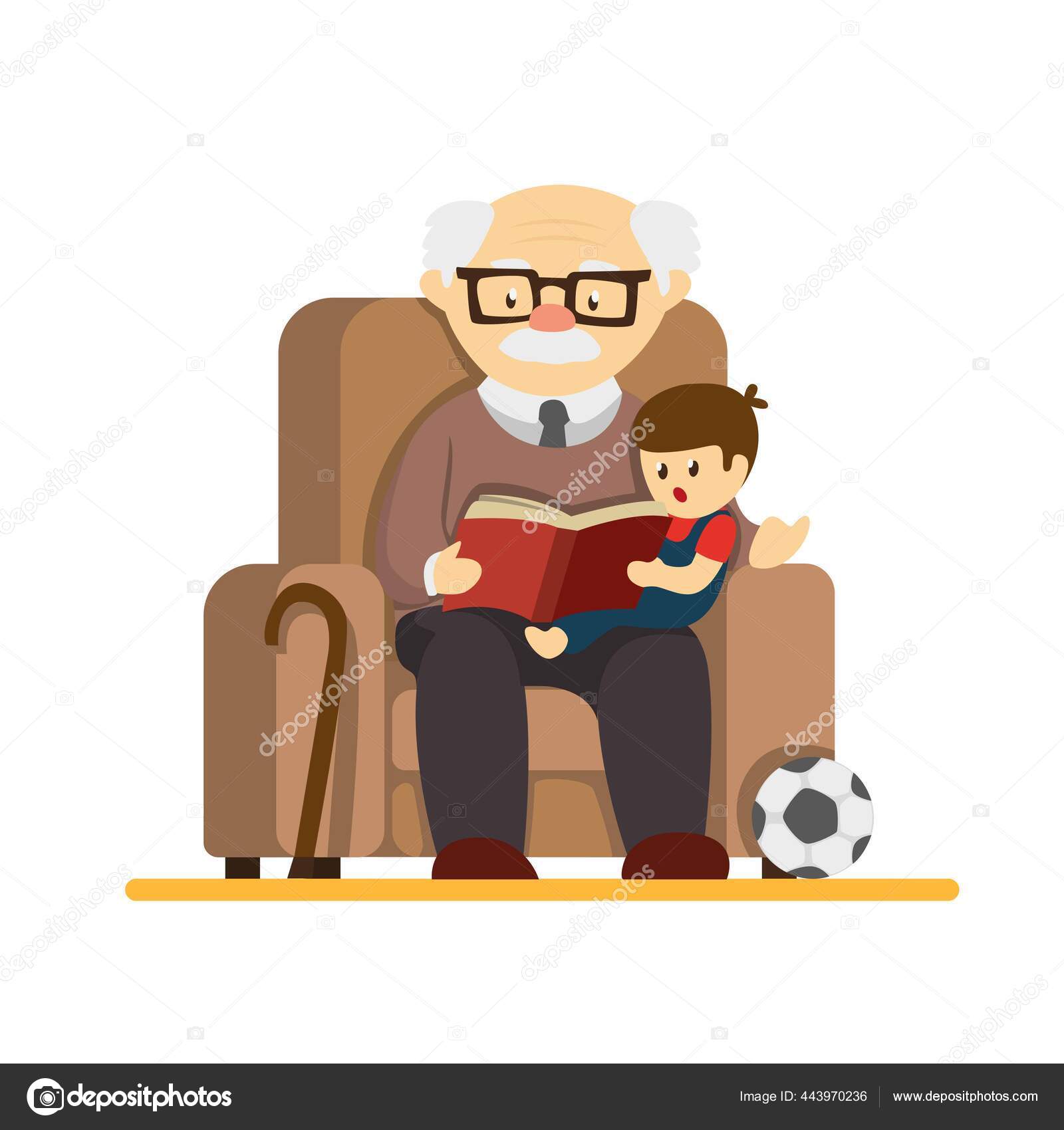 Kakek Nenek Duduk Sofa Dan Membaca Buku Cerita Untuk Cucu Stok Vektor Simplyamazing 443970236